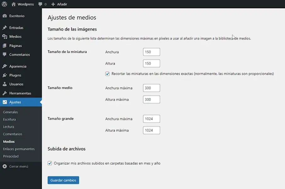 Ajuste de medios - WordPress