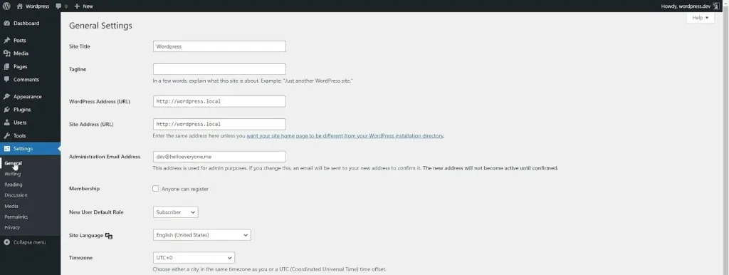 Ajustes Generales del sitio web - WordPress