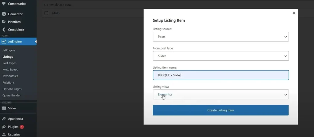 Listing Item para cada slider