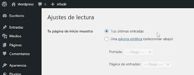 Pagina de inicio y página de Blog - WordPress